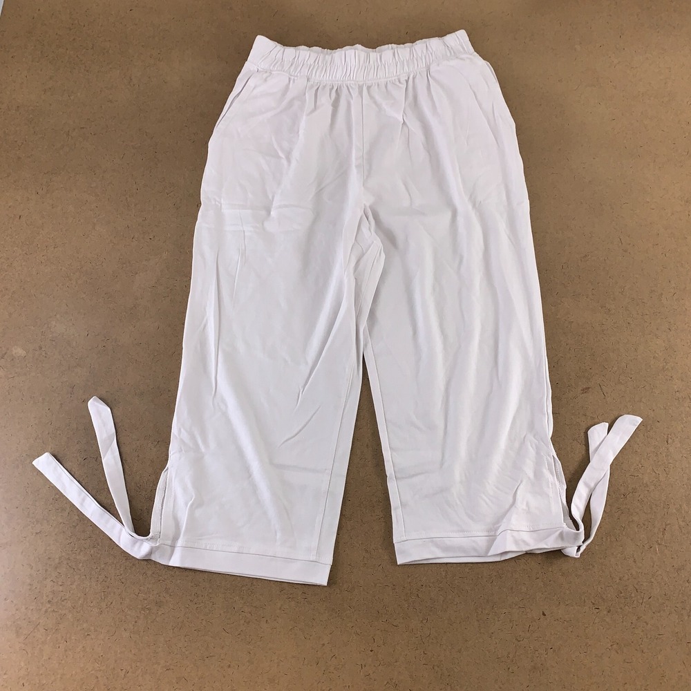 Amerimark Womens Size LP White Side-Tie Elastic Waist Cotton Capri Pants
